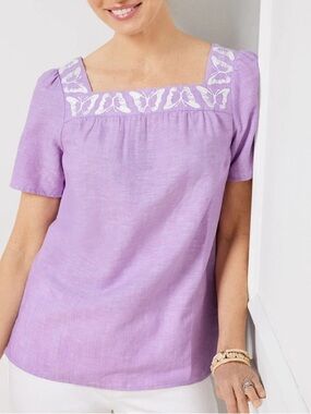 Talbots Linen Blend Lavender Butterfly Embroidered Coastal Vacation Romantic Top